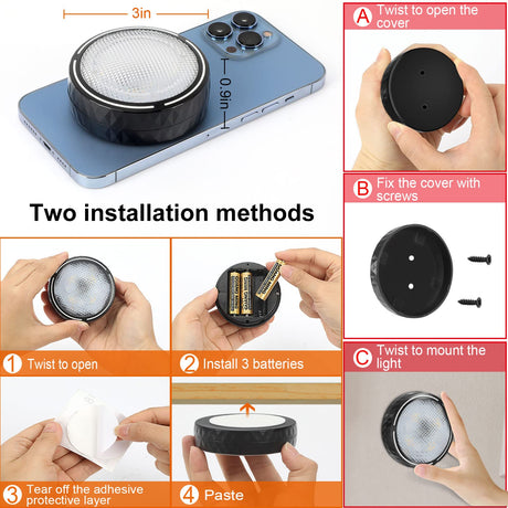 Onumii LED Puck Lights Battery Operated LED Under Cabinet Lighting Wireless Stick on Tap Lights with Remote Controll Color Changing Timer Function for Cabinets, Shelves, Closets - 6Pack White Onumii