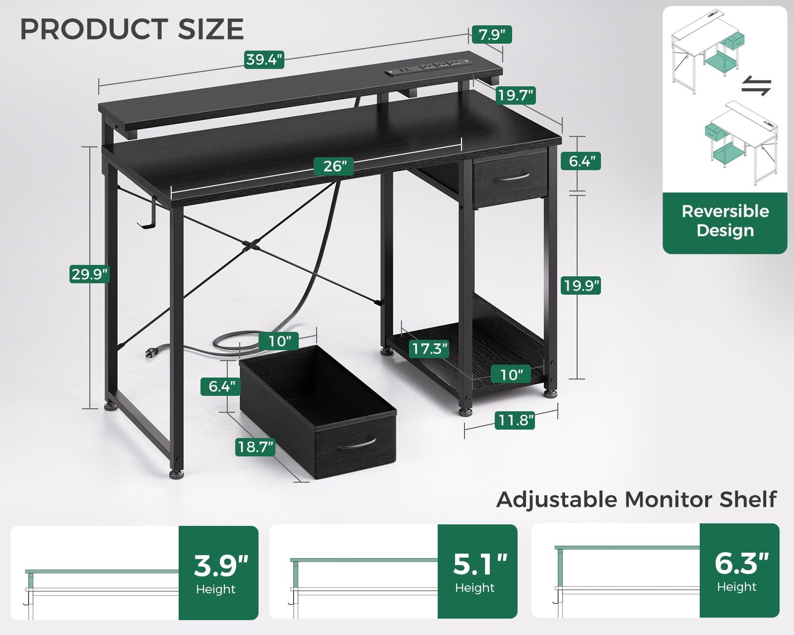 AODK Gaming Desk with LED Lights & Power Outlet, 40 Inch Computer Desk with Drawer, Reversible Desk with Adjustable Monitor Shelf & Headphone Hook for Home Office, Black - WoodArtSupply