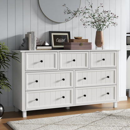 Farmhouse Dresser with 7 Drawers, White Dresser for Bedroom, Chest of Drawers, Modern Dresser for Closet, TV Stand with Large Drawers, Storage Dresser Organizer Clothes for Living Room, Hallway