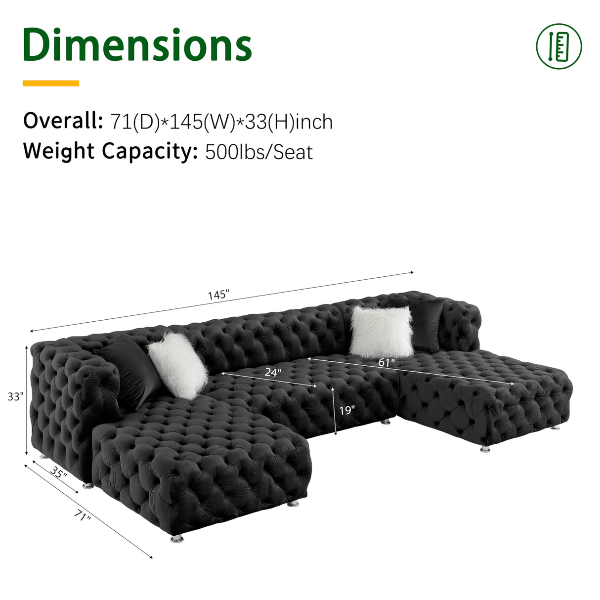 THSUPER 145'' Luxury Velvet Upholstered Chesterfield Oversized U Shaped Sectional Sofa Couch for Living Room, Couches with Button Tufted Design and Comfortable Seating and 4 Pillows. Black THSUPER