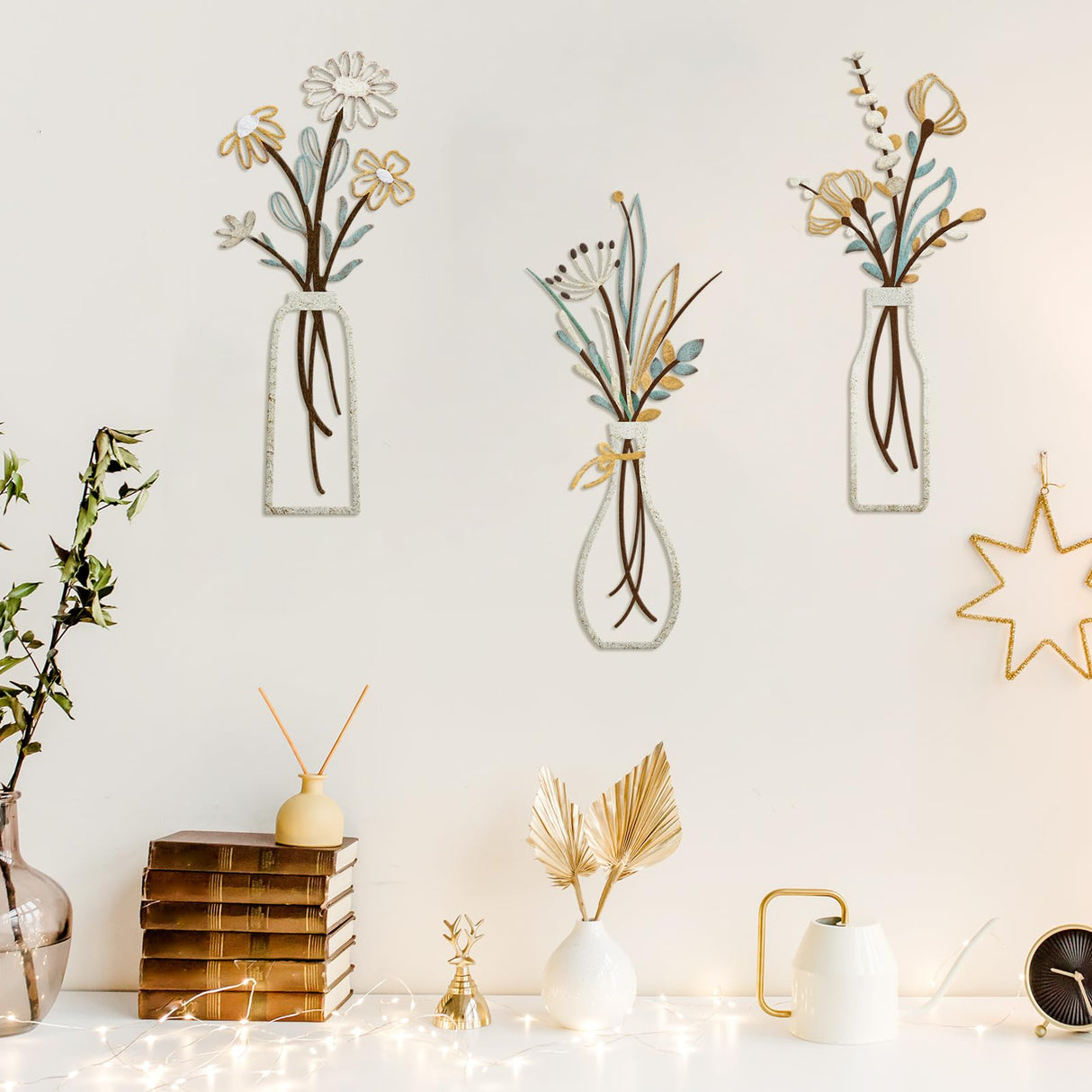 Pigort 3 Pieces Metal Flowers Wall Arts - Rustic Farmhouse Decor Beige Minimalist Flower Wall Decors for Living room Bathroom Bedroom Dining Room-Housewarming Gifts (Beige, Vase-C) Pigort