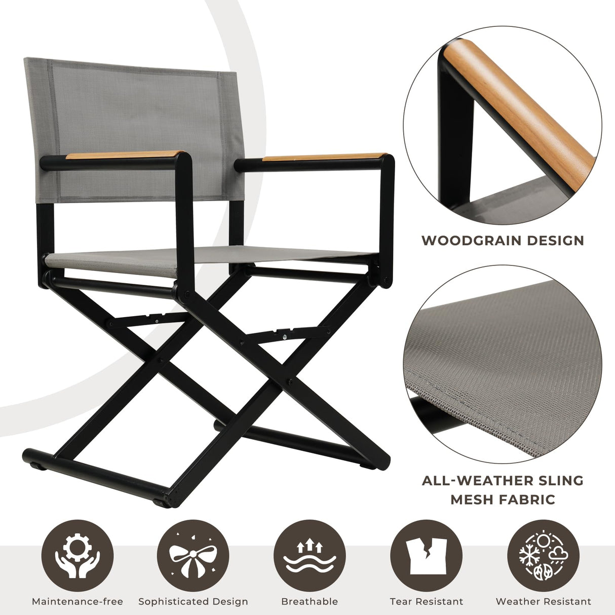 Grand patio 9-Piece Outdoor Dining Set, 8 Extra-Wide Folding Chairs & 1 Rectangle Expandable Table for 6-8 Person, Sling Mesh Patio Chairs with Wood Grain Table for Yard, Poolside, Deck, Gray Grand patio