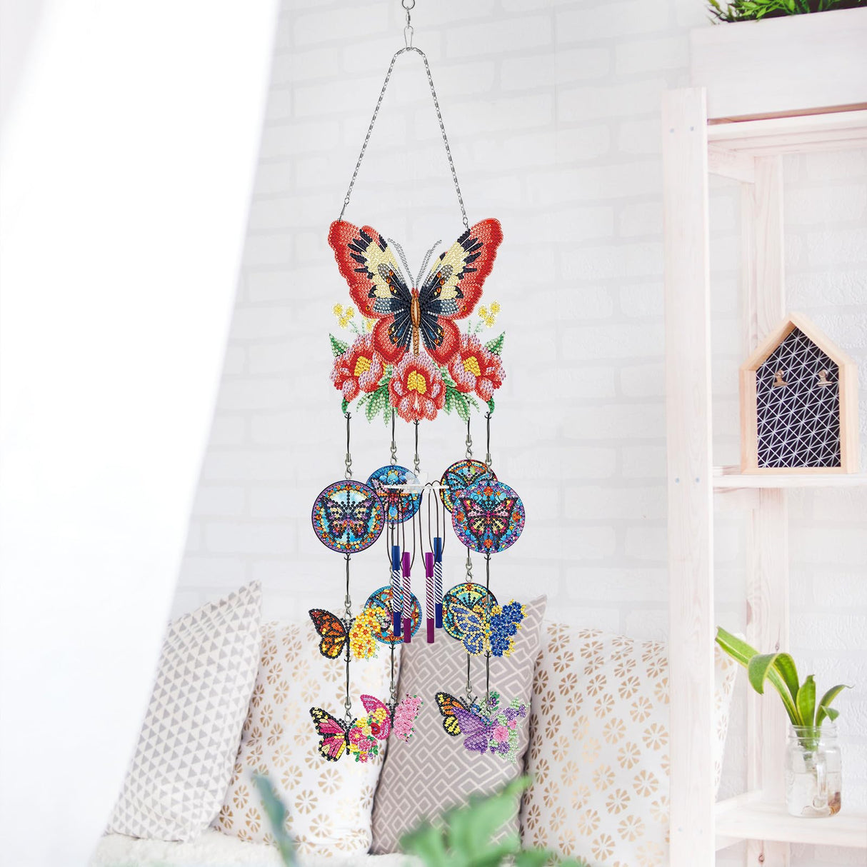 Generic DIY Dotted Diamond Art Painting Wind Chime Kit, Three-Dimensional Sun Catchers Diamonds Dot Paintings Hanging Ornaments, for Spring Garden (Double-Sided Point Drilling) (#05-1PC Butterfly) Generic