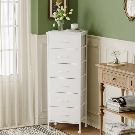 Fixwal White Tall Dresser for Bedroom Closet Organizers and Storage Tall Fabric Dresser with 6 Drawers, Small Clothes Storage Girl Bedroom Furniture Fixwal