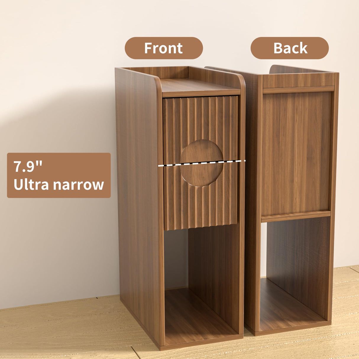 Narrow Fluted Nightstand Set of 2, Wooden Small 2 Drawer Nightstand, Slim Side End Table, Vintage Bedside Table, Mid Century Modern Night Stand with Drawers, for Living Room, Bedroom, Walnut Jluomei