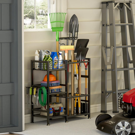 keomaisyto Garden Tool Organizer With Basket - 3 Tier Yard Storage Rack for Garage Organization, Heavy Duty Holder With 35 Long-Handled Slots for Shed, Yard, Garage keomaisyto