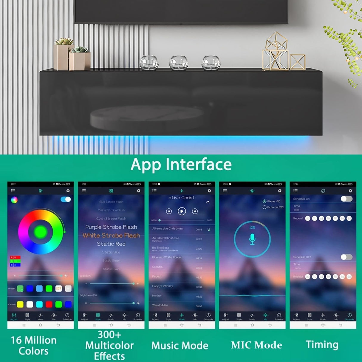 HOMMPA Floating TV Stand with Led Light for 63 Inch TVs Wall Mounted Led Entertainment Center Black with High Gloss Storage Modern Floor Mounted Media Console with Led Light for Living Room HOMMPA