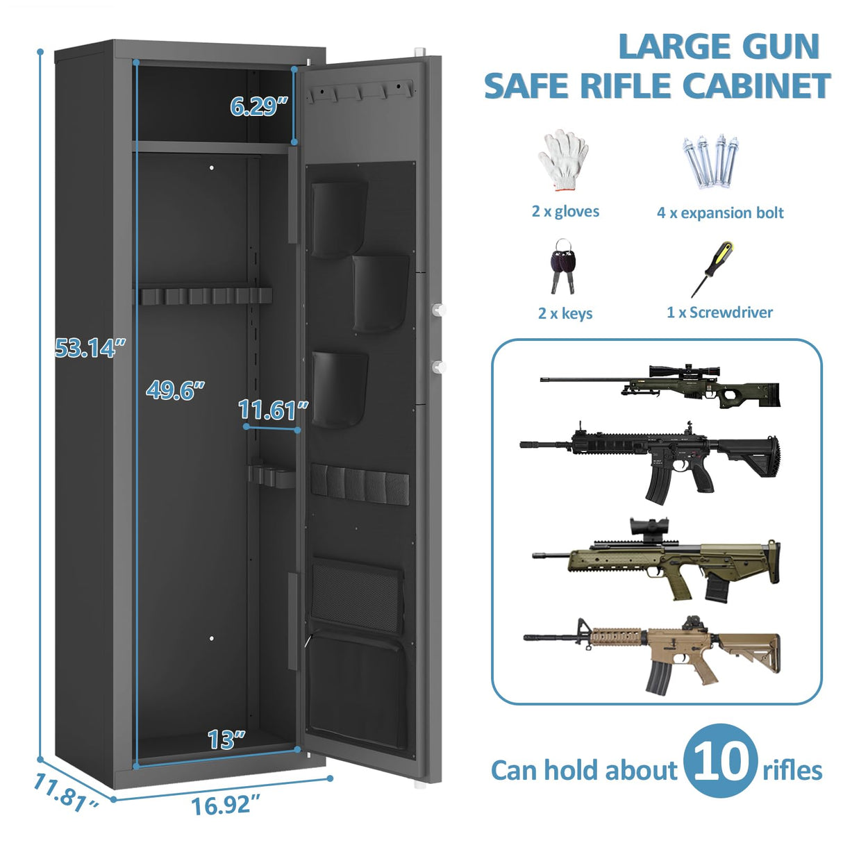 Dawmilon 10-12 Gun Safe - Gun Cabinets for Rifles and Shotguns, Large Rifle Safe for Home - Quick Access Gun Safe with Adjustable Shelves Dawmilon