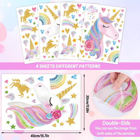 JarThenaAMCS Pink Watercolor Glitter Window Clings Double-Sided Cartoon Animal Rainbow Star Heart Diamond Window Decals Decor for Classroom Nursery Home, 15.7 x 11.8, 4 Sheet JarThenaAMCS