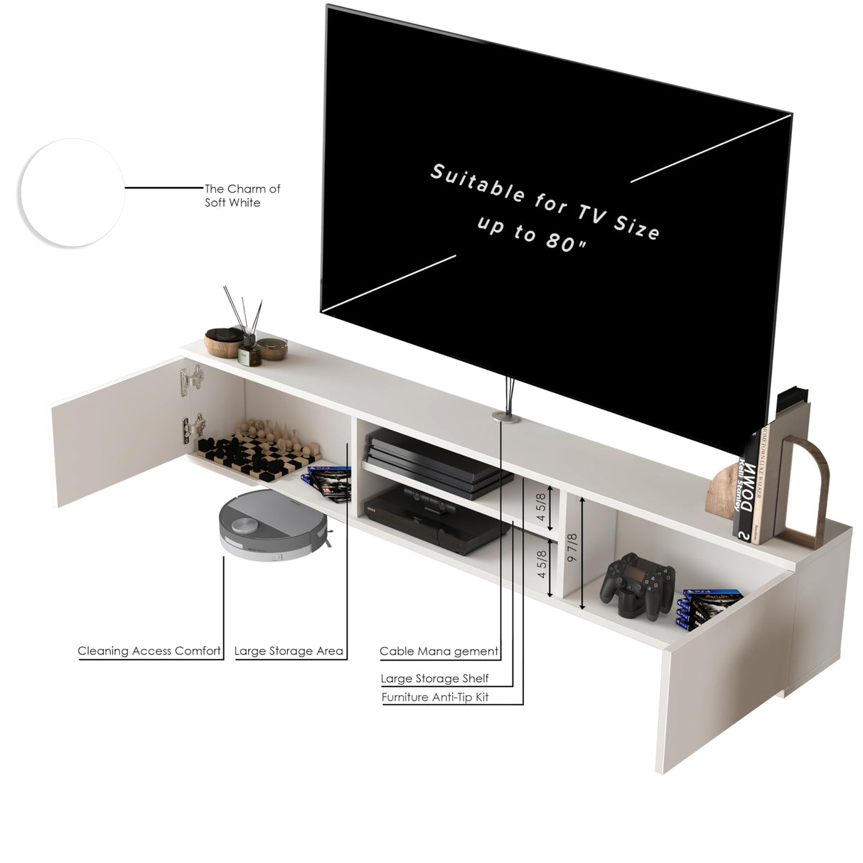 Atelier Mobili Floating TV Stand Wall Mounted, 70 inch Media Console, Floating Entertainment Center, White TV Stand for 75 inch TV ATELIER MOBILI THE LEADER OF THE INTERCHANGEABLE FURNITURE