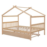 Merax Full Size Wooden House Bed with Trundle, Wood Bed Frame with Roof for Kids, Teens, Boys or Girls, Natural Merax