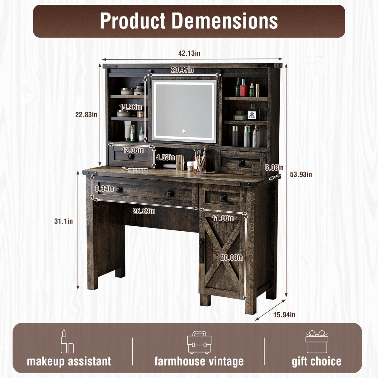 Captain Winters 42.13'' Farmhouse Makeup Vanity Desk with Sliding HD Mirror and Lights, Makeup Vanity with 4 Drawers & Cabinet, Farmhouse Vanity for Bedroom,Dark Barnwood Grey Captain Winters