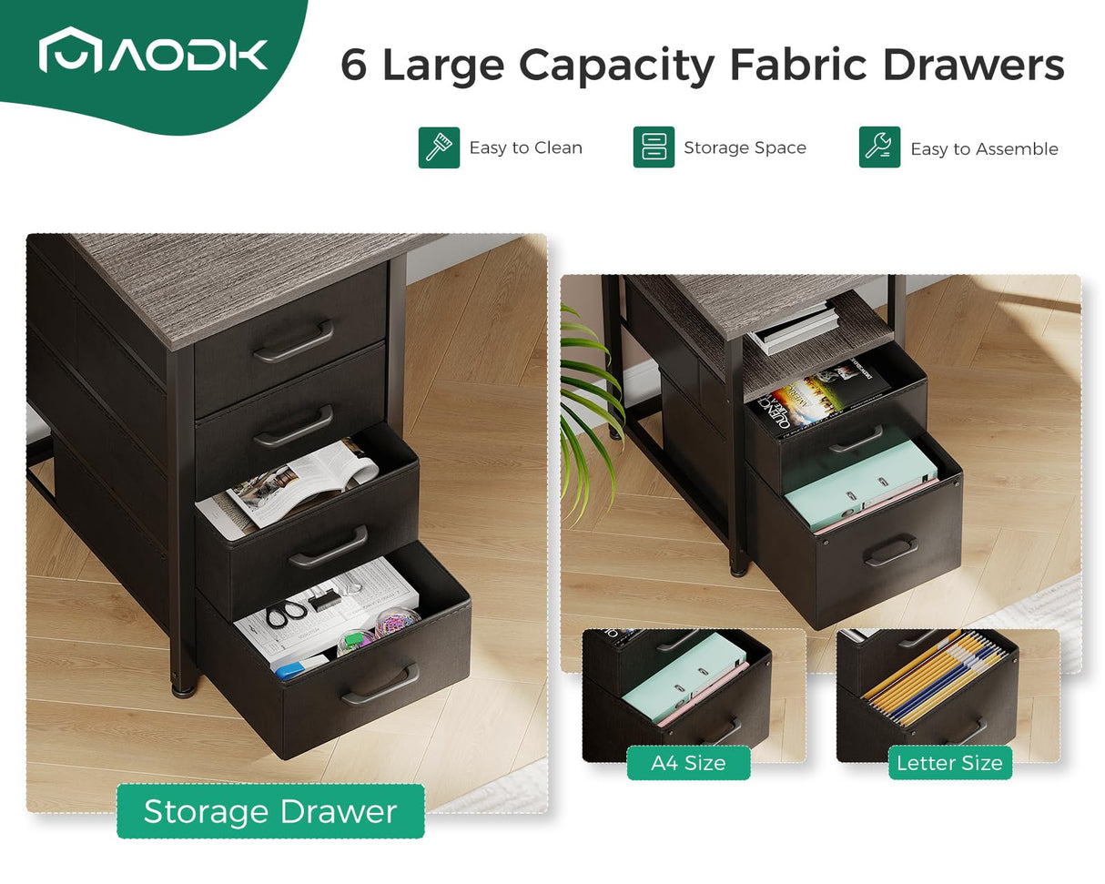 AODK 59" L Shaped Desk, 105" Computer Desk with File Cabinet & 4 Fabric Drawers, Home Office Desk with Monitor Shelf & Power Outlet, Two Person Desk or Corner Desk, Gaming Desk with LED Light, Grey AODK