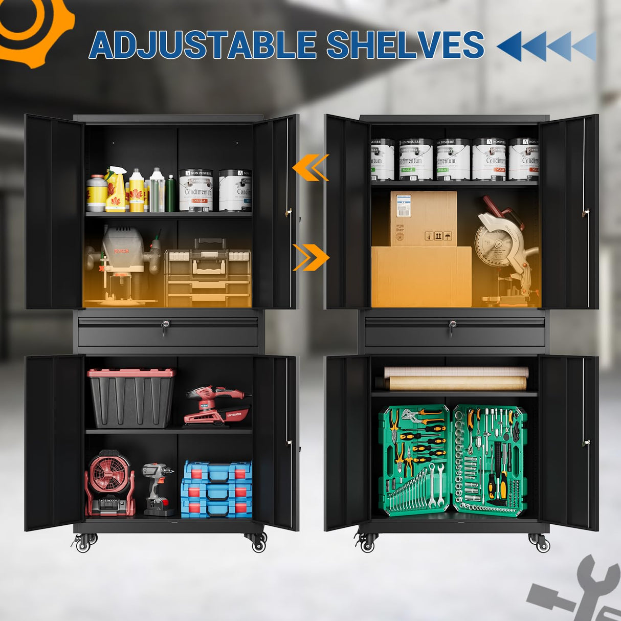 Fesbos 73" Metal Cabinet-Black Heavy Duty Rolling Storage Cabinet Steel Tool Cabinets with Wheels, Shelves, Lockable Doors and Drawers- for Garage, Pantry, Warehouse Home Office- Assembly Required Fesbos