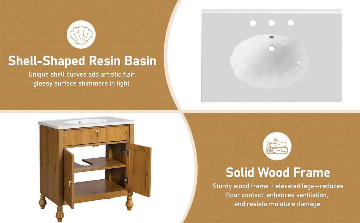 Merax 30-Inch Walnut Bathroom Vanity with Seashell Resin Sink, Soft-Close Doors and Flip-Up Storage for Bathroom, Brown Merax