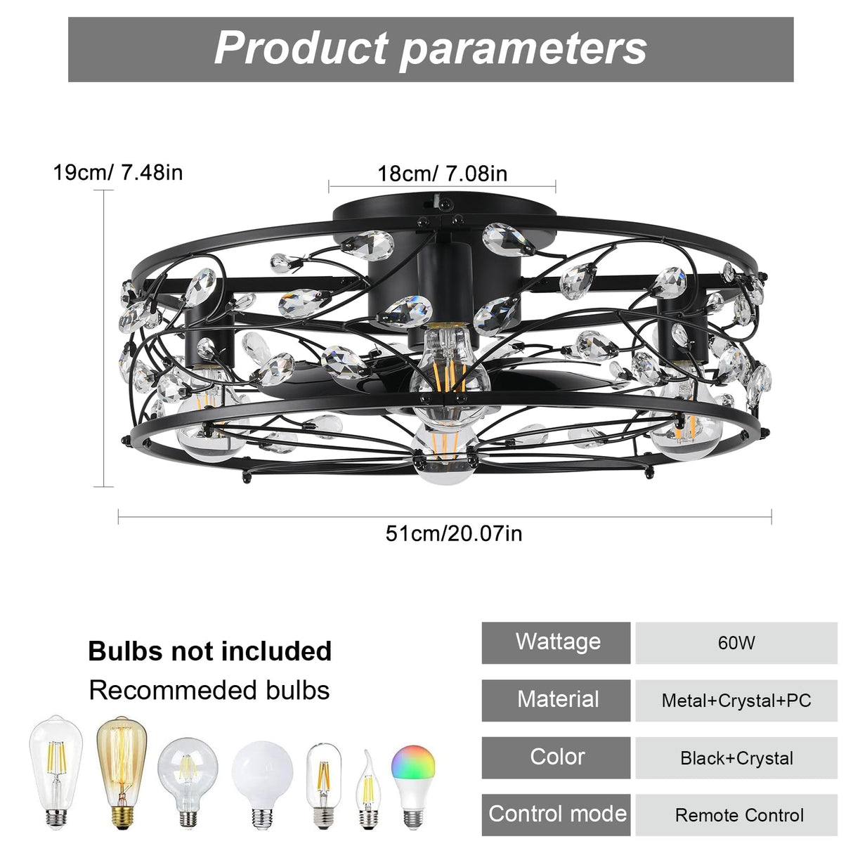 Garwarm 20in Caged Ceiling Fan with Light,Rustic Industrial Ceiling Fans with Lights and Remote,Bladeless Black Fandelier Ceiling Fan,Flush Mount Fan Lights for Kitchen,Bedroom（6 Speed,Timing） Garwarm