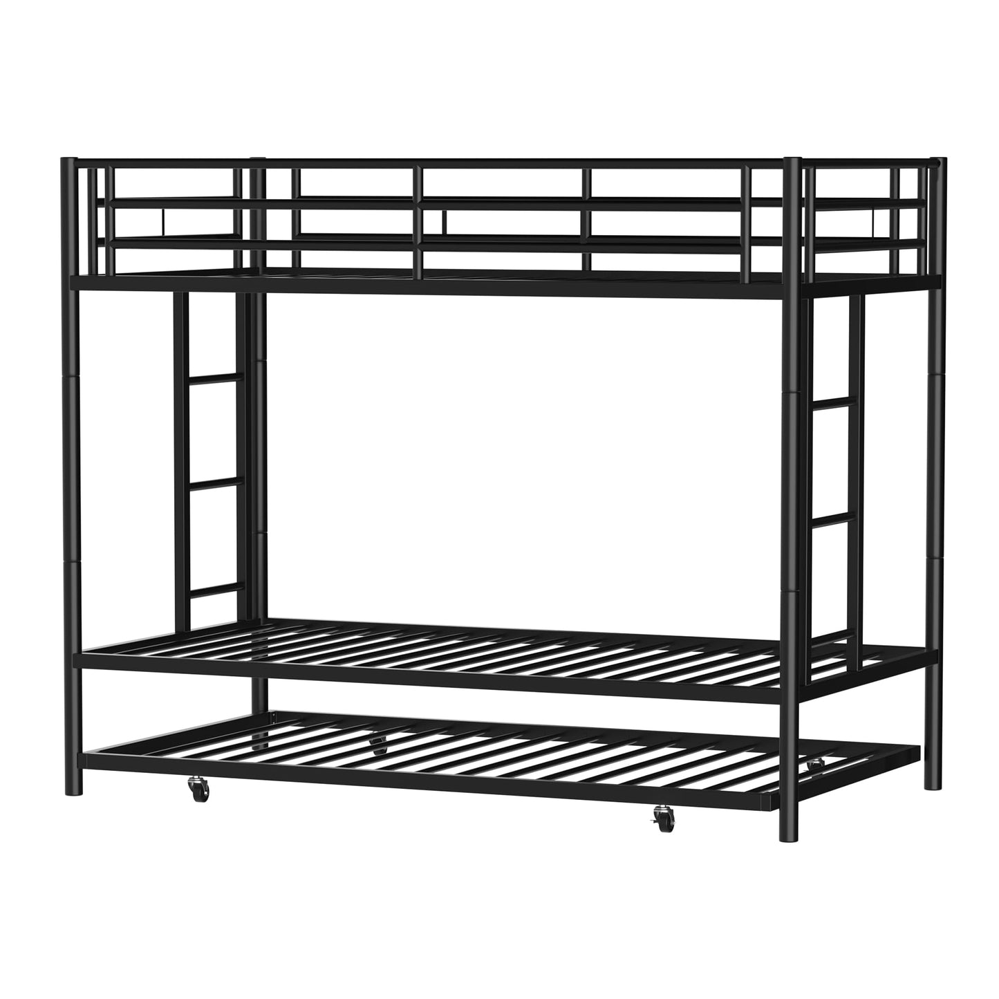 Shintenchi Bunk Bed Twin Over Twin Size with Trundle, Heavy-Duty Twin Bed Frame with Full-Length Guardrail and Two Ladders, Triple Bunk Bed for Kids, Teens and Adults, Space-Saving, Black