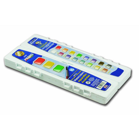 Prang Half Pan Watercolor Paint Set with Brush and Lid, Refillable, 16 Assorted Colors, (01600), 18 Piece Set Prang