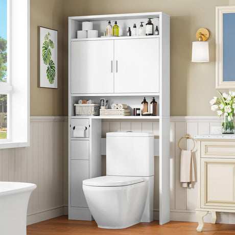 YITAHOME Over The Toilet Storage, Bathroom Storage Over The Toilet, Bathroom Cabinet with Adjustable Shelves, Double Doors, Trash Can Placement Ring, Tissue Box Holder for Bathroom (White) YITAHOME