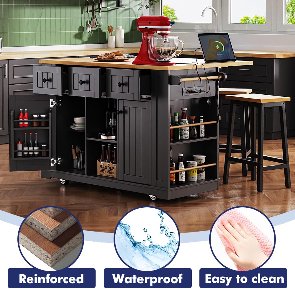 Kennkari Rolling Kitchen Island on Wheels with Drop Leaf and Seating, Wide Moblie Kitchen Island with Storage Cabinets and Power Outlet, Large Island Table with 2 Bar Stools (Type V. Black) Kennkari