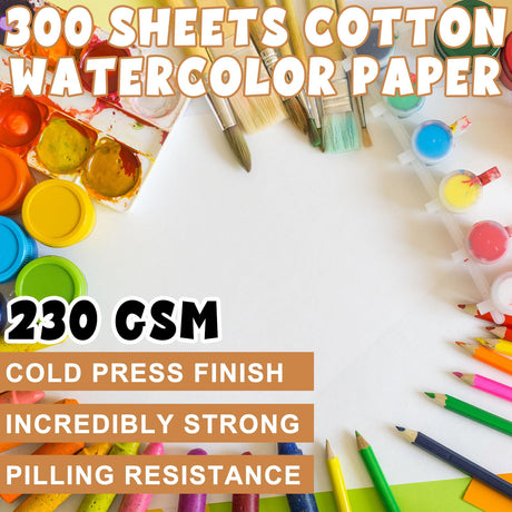TaoBary 300 Pcs Watercolor Paper Sheet Bulk White Cold Press Paper Pack 110 lb 230 GSM Sketch Painting Watercolor Pad for Watercolorist Beginning Artists Adults Drawing Craft(5 x 7 Inch,230 GSM) TaoBary
