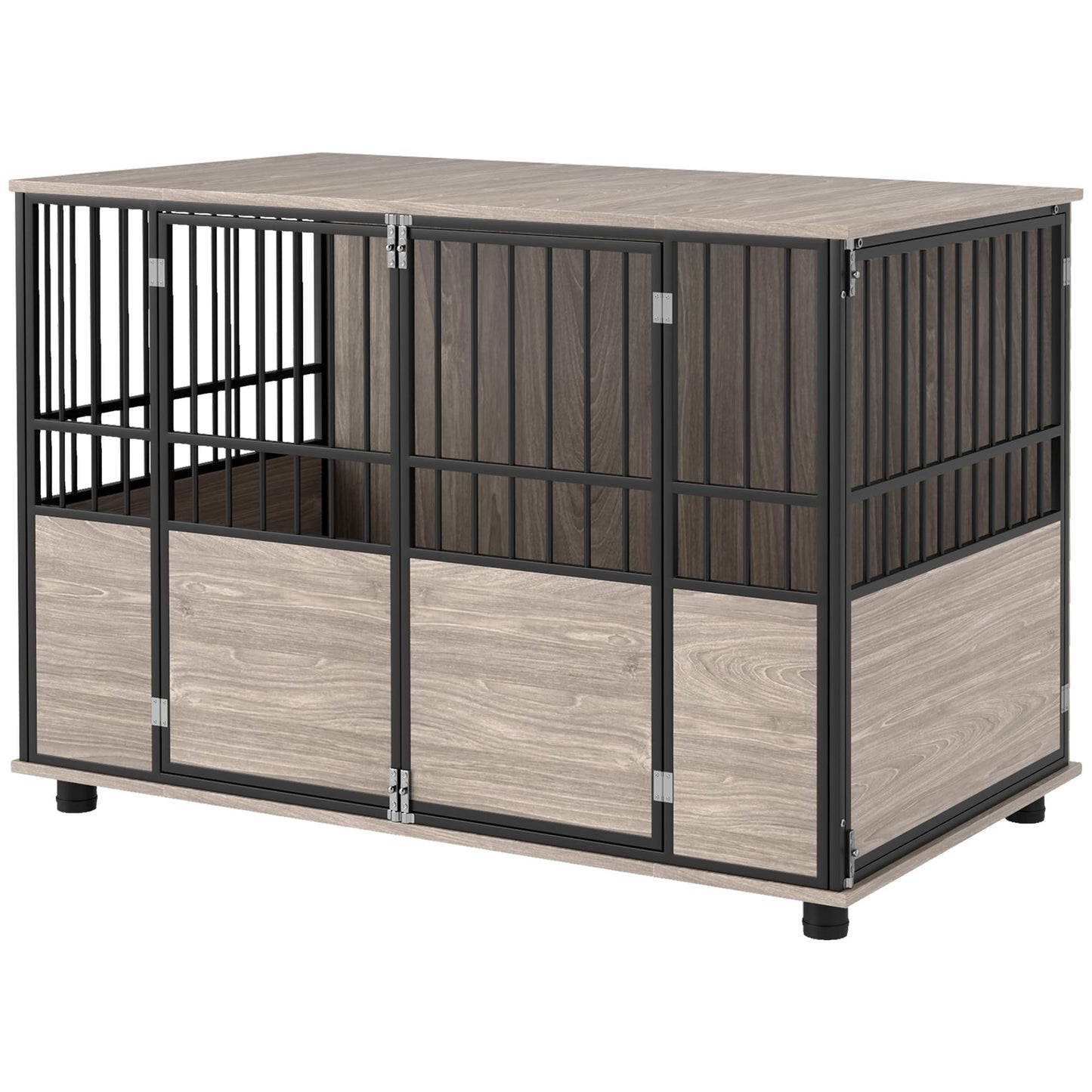 PawHut Dog Crate Furniture, 46" Wooden Dog Kennel Furniture, Dog Crate End Table with Double Doors for Small to Large Dogs, Walnut Wood Finish - WoodArtSupply