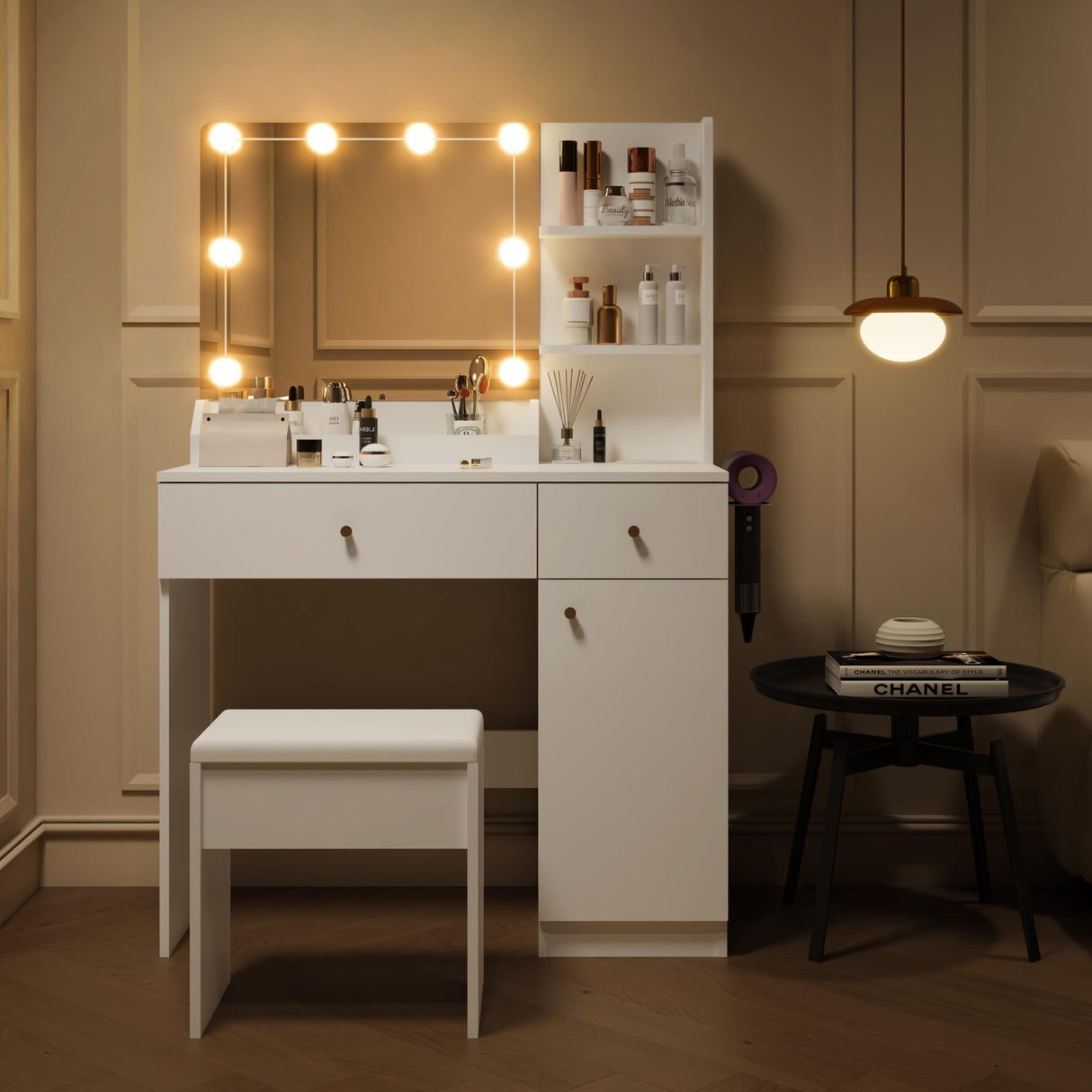 Yegosh Vanity Desk with Mirror and Lights Dimmable LED Makeup Vanity Table with Drawers Side Cabinet 3 Storage Shelves Power Outlet Dressing Table Set include Holder Cushioned Stool for Bedroom(white) Yegosh