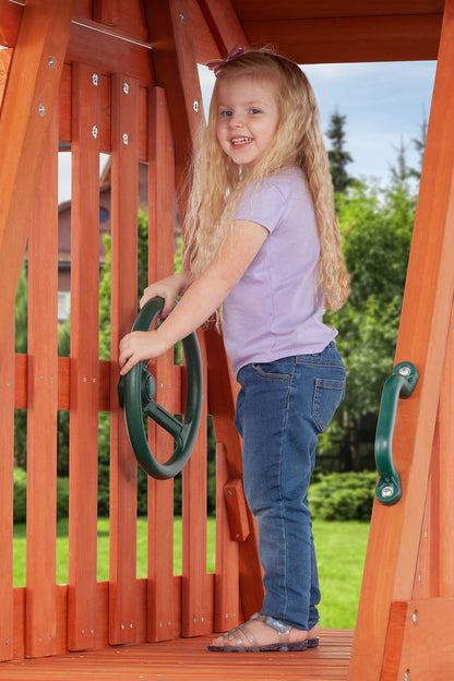 Cedar Chalet Wooden Backyard Playset | W: 213" D: 109" H: 111" | w/ 2 Belt Swings & Trapeze | Kids Age 3-10 | Sandbox, Slide & Climbing Wall | DIY Assembly | ASTM Standards | 10-Year Warranty on Wood