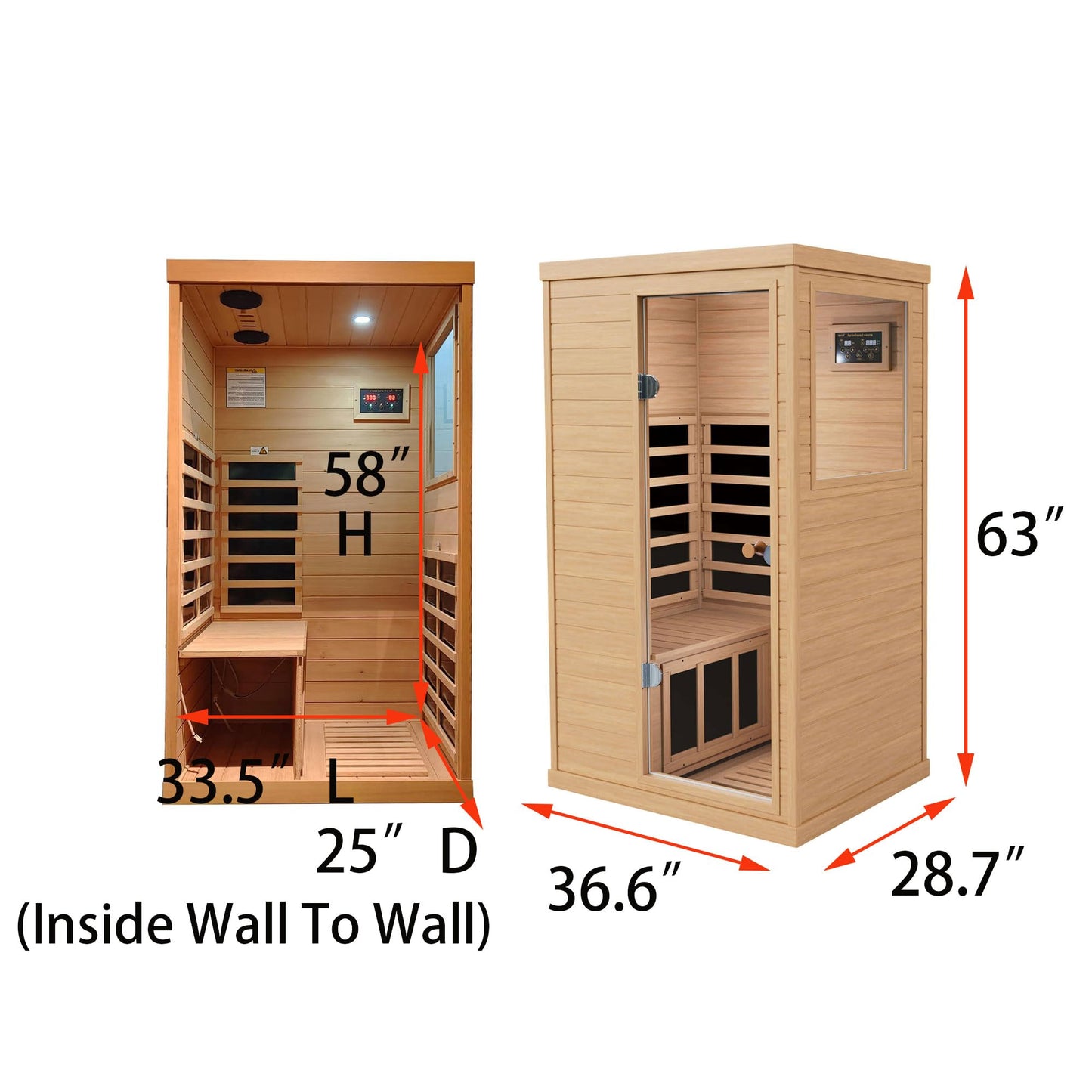 Xmatch Far Infrared Wooden Sauna Room, 1-Person Size Right Bench, with 1050W, 6 Heating Plates, 10-15 Minutes Pre-Warm up