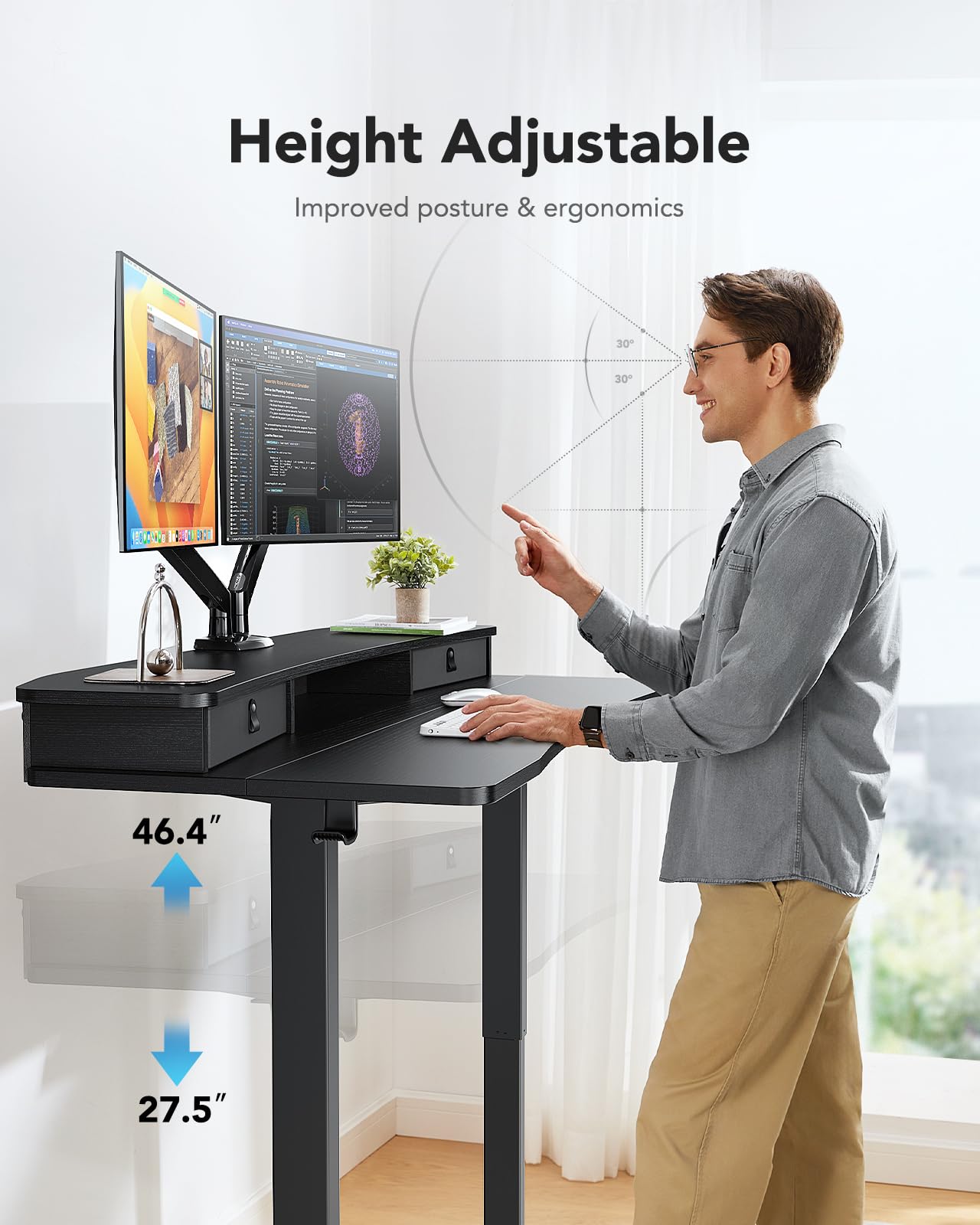 HUANUO 48″ x 24″ Electric Standing Desk with 2 Drawers, C-Clamp Mount Compatible, Height Adjustable Computer Desk, Home Office Stand Up Desk with 4 Preset Heights & 2 Hooks, Black - WoodArtSupply