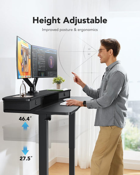 HUANUO 48″ x 24″ Electric Standing Desk with 2 Drawers, C-Clamp Mount Compatible, Height Adjustable Computer Desk, Home Office Stand Up Desk with 4 Preset Heights & 2 Hooks, Black HUANUO
