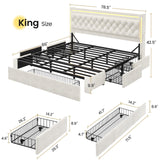 BTHFST King Upholstered LED Bed Frame with 5 Drawers, Velvet Hidden Storage Headboard with Charging Station, Button Tufted Headboard and Heavy Duty Metal Slats Support, No Box Spring Needed, Beige BTHFST