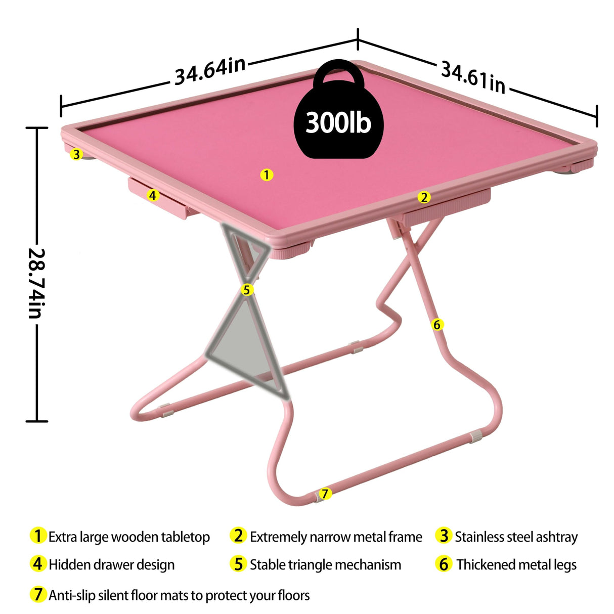 MJTABLE Pink Mahjong Table, 35" Square Game Table with Resistant Wood Tabletop, Portable Folding Card Table with 4 Drawers and 4 Cup Holders, Domino Table for Party, Game Nights, Gifts for Retirees MJTABLE
