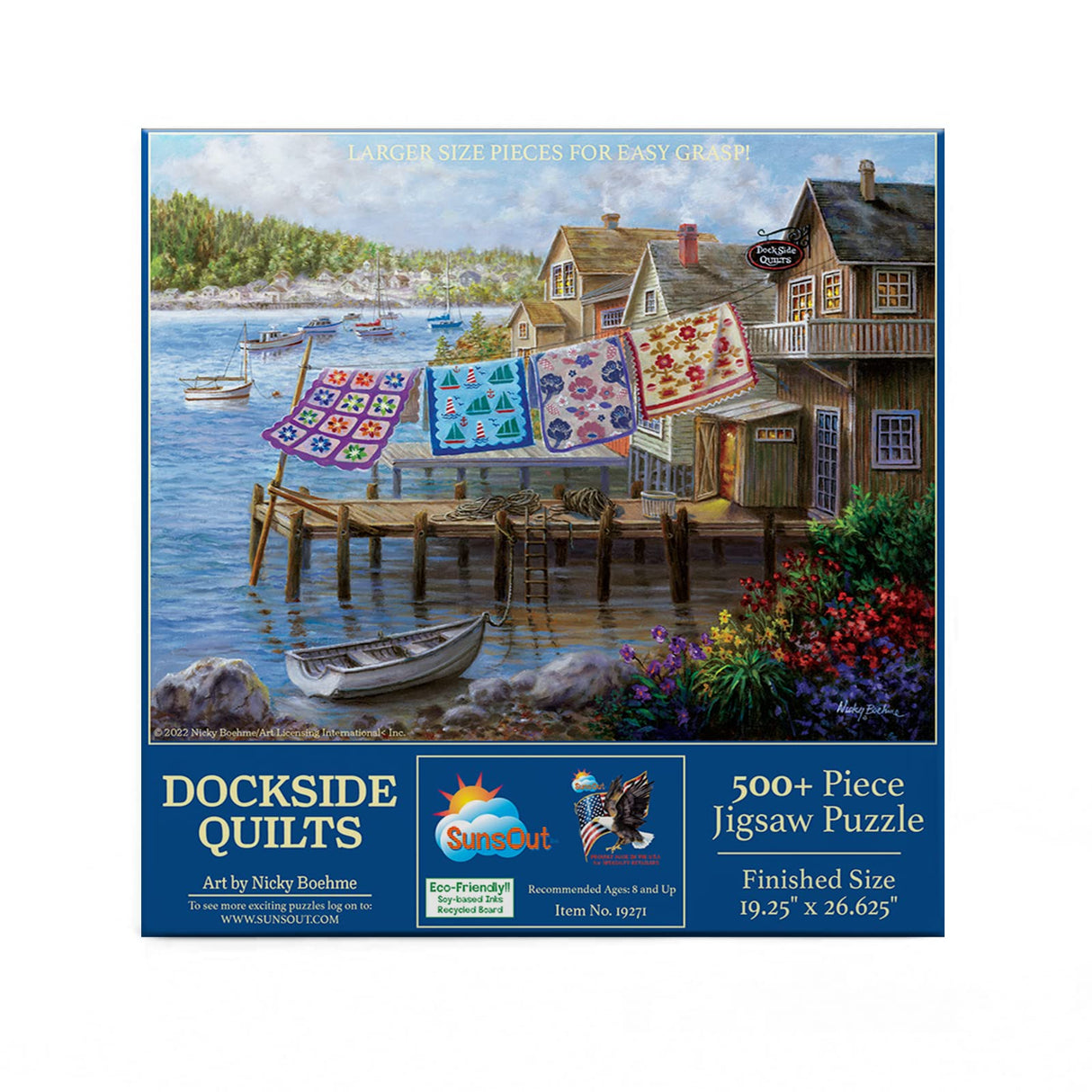 SUNSOUT INC - Dockside Quilts - 500 pc Large Pieces Jigsaw Puzzle by Artist: Nicky Boehme - Finished Size 19.25" x 26.625" - MPN# 19271 SunsOut