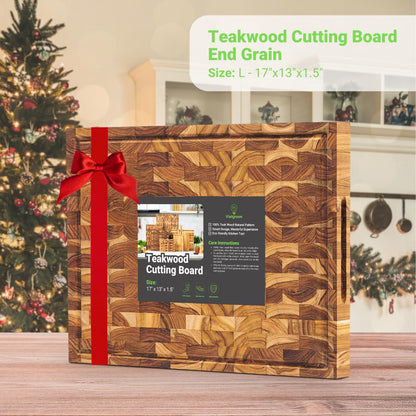 VIETGREEN Durable Teak wood End Grain Cutting Board Sturdy Reversible Teakwood Chopping Board Non-slip Natural Pre-oiled Cutting Board Gifts Sustainable Wooden Carving Board for Kitchen