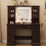 Maupvit Farmhouse Vanity Desk with Mirror and Lights, Makeup Vanity Table with Charging Station, 45" Bedroom Table with 4 Drawers and Cabinets, 3 Lighting Modes, Brown Maupvit