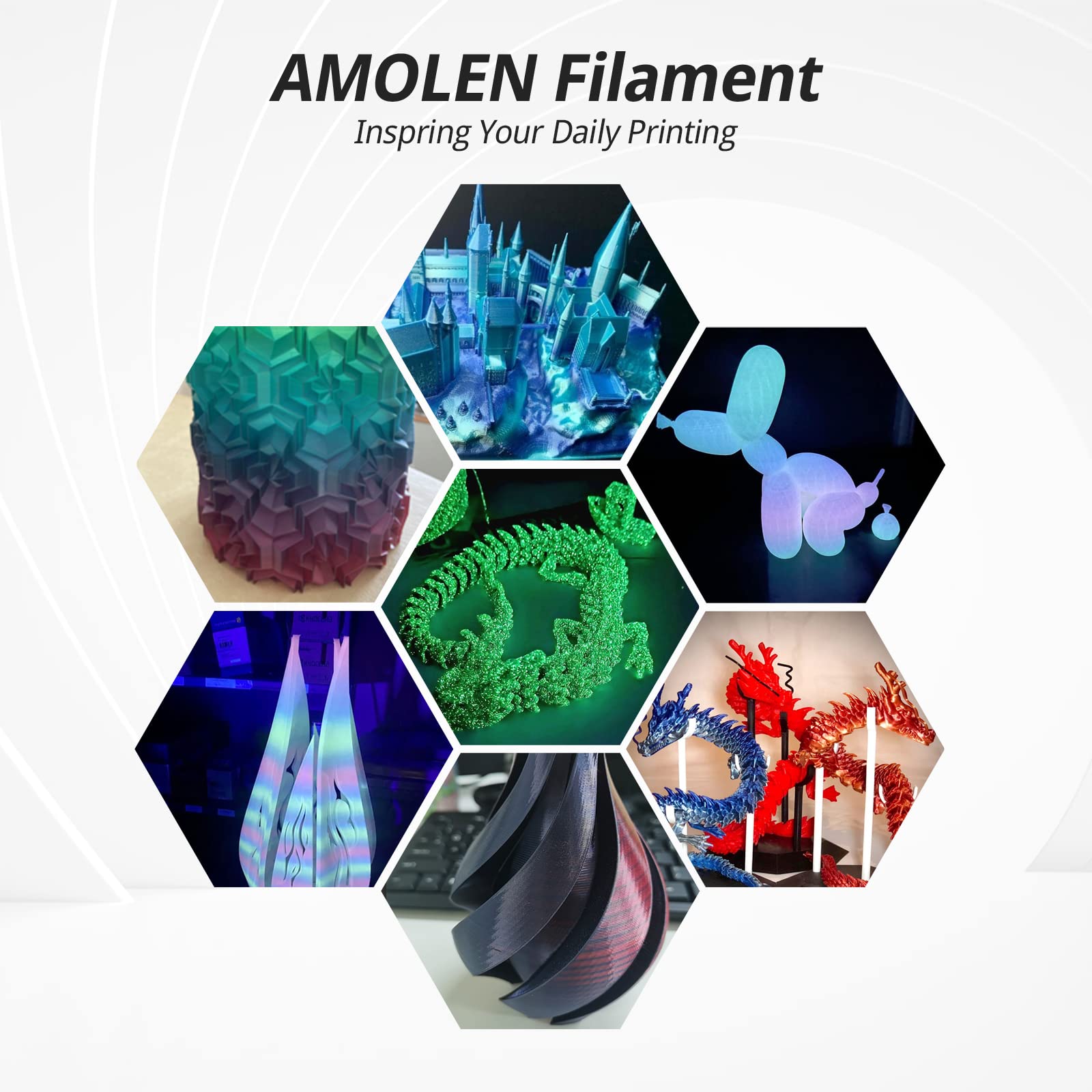 AMOLEN 3D Printer Filament, Glow in The Dark Filament Multicolor Rainbow PLA Filament, Blue, Green, Pink, Purple, Gradient 3D Filament Color Change in 10m, Dimensional Accuracy +/- 0.02 mm, 1 - WoodArtSupply