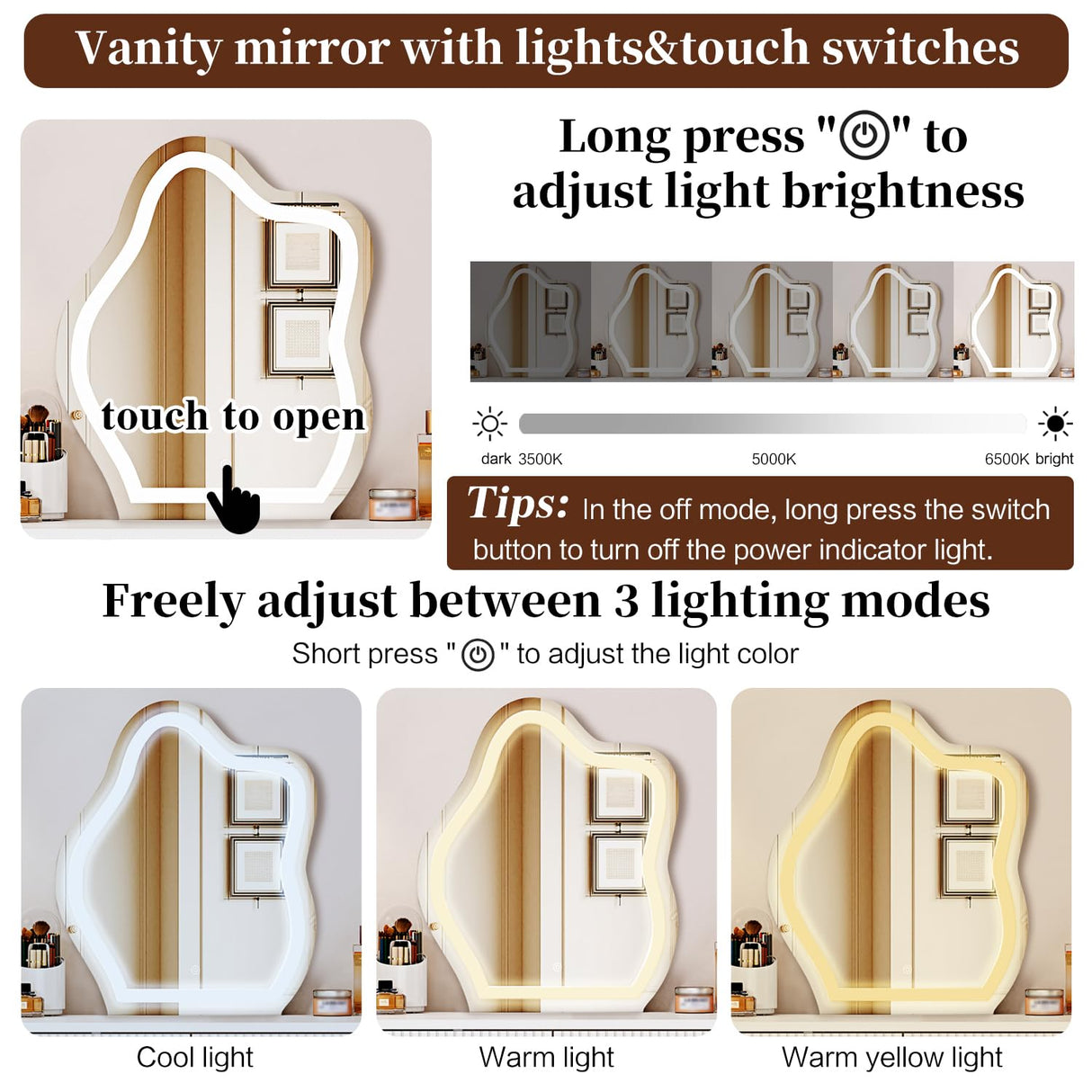 Ieejdn White with plug,Large Vanity Desk with 3 Color Touch Screen Dimming Mirror, Modern Retractable Makeup Dressing Table with Adjustable Cabinet and 5 Sliding Drawers,Vanity Table with Power Strip Ieejdn