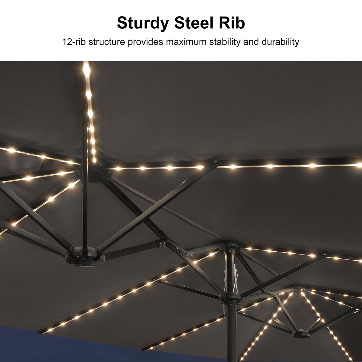 PURPLE LEAF 15ft Patio Market Umbrella with Solar LED and Base Double-Sided Rectangle Outdoor Table Sun Umbrellas with Crank for Pool Beach Deck Backyard Light Gray PURPLE LEAF