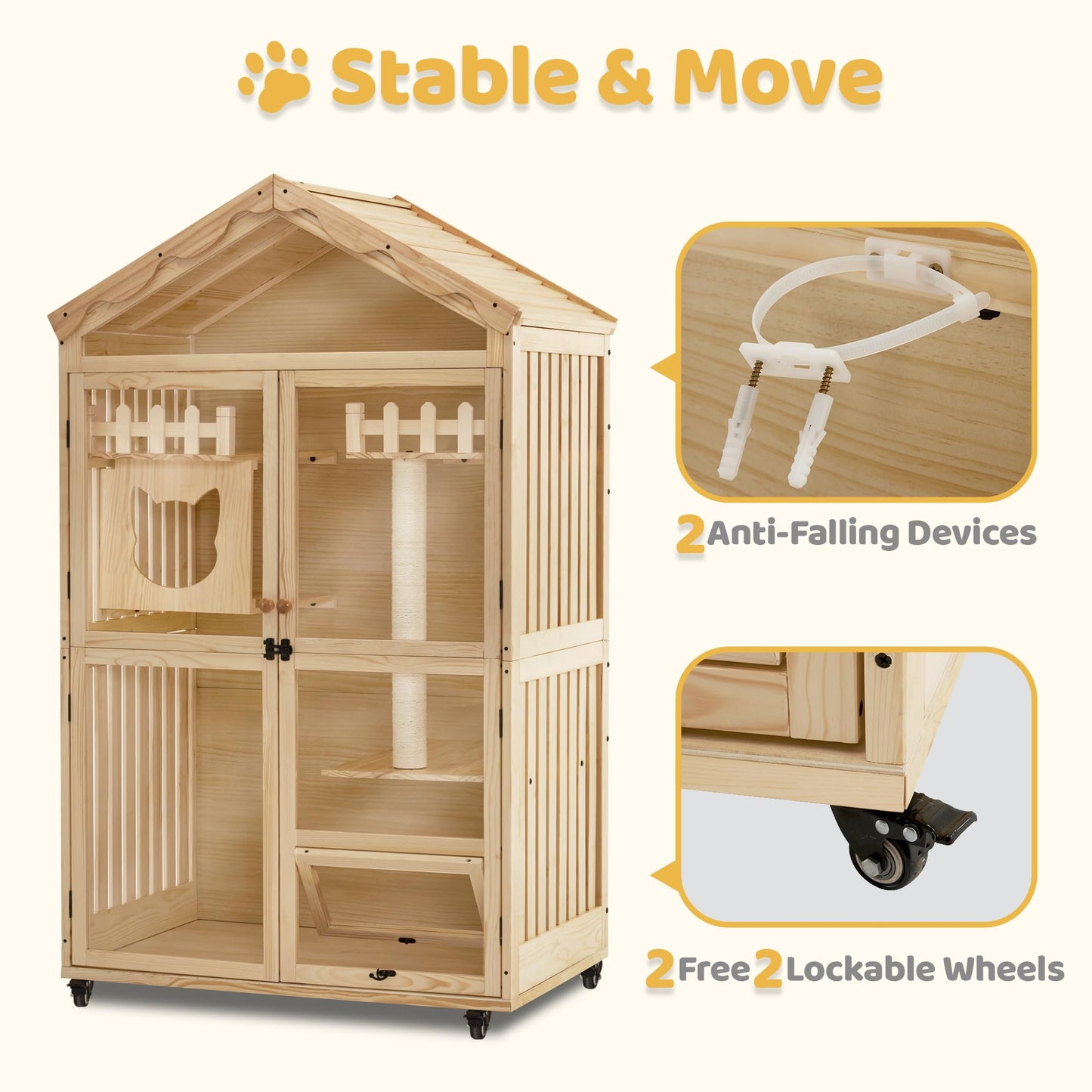 MCombo Wooden Cat House for Indoor Cats, Cat Villa with Cat Entrance, Cat Catio with Lockable Doors & Wheels, CT291 - WoodArtSupply