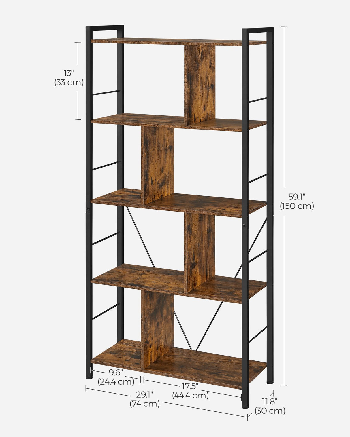 VASAGLE Bookshelf, 5-Tier Bookcase, Storage Shelving Unit, Display Shelf with Open Compartments for Living Room, Home Office, Bedroom, Industrial, Rustic Brown and Black ULBC121B01 VASAGLE