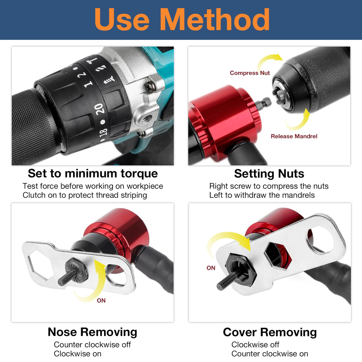 YUZES Rivet Nut Tool Adapter for Cordless Drill Electric- Newly Labor-Saving Rivet Nut Gun Kit with 5 Metric and 5 SAE Mandrels and 50Pcs Assorted Rivet Nuts, Rugged Carrying Case YUZES