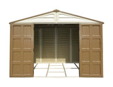 Duramax Woodbridge Plus 10.5 x 8 (8.02 m2) Plastic Garden Shed with 1 Fixed Window & Metal Foundation Kit, Strong Metal Roof Structure Fire Retardant and Maintenance-Free Storage Shed - Ivory/Brown DURAMAX