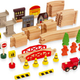 WoodenEdu 60Pcs Train Set for Toddlers, Bridge & Double-Side Wooden Train Set Tracks, Fits Brio, Thomas, Melissa and Doug, Kids Gift Toys for 3 4 5 Years Old Boys Girls WoodenEdu