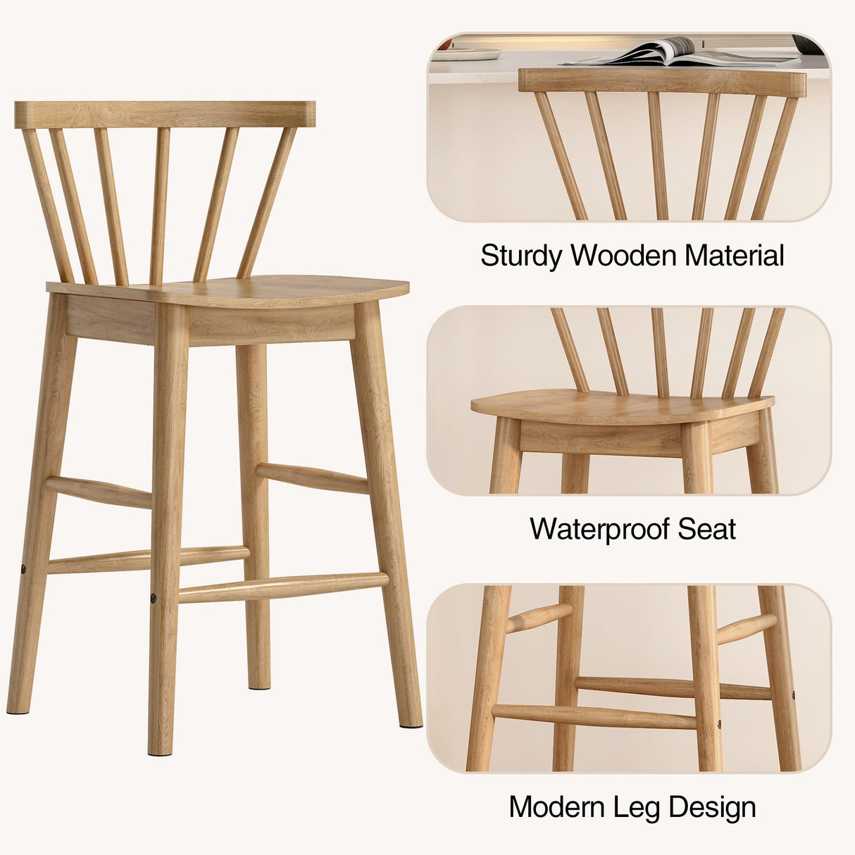 HoeuThien Barstools Set of 4, 24" Wood Element Bar Stools, Armless Farmhouse Wooden Bar Dining Chairs with Back & Footrest for Kitchen Island Cafe Pub Light Brown HoeuThien