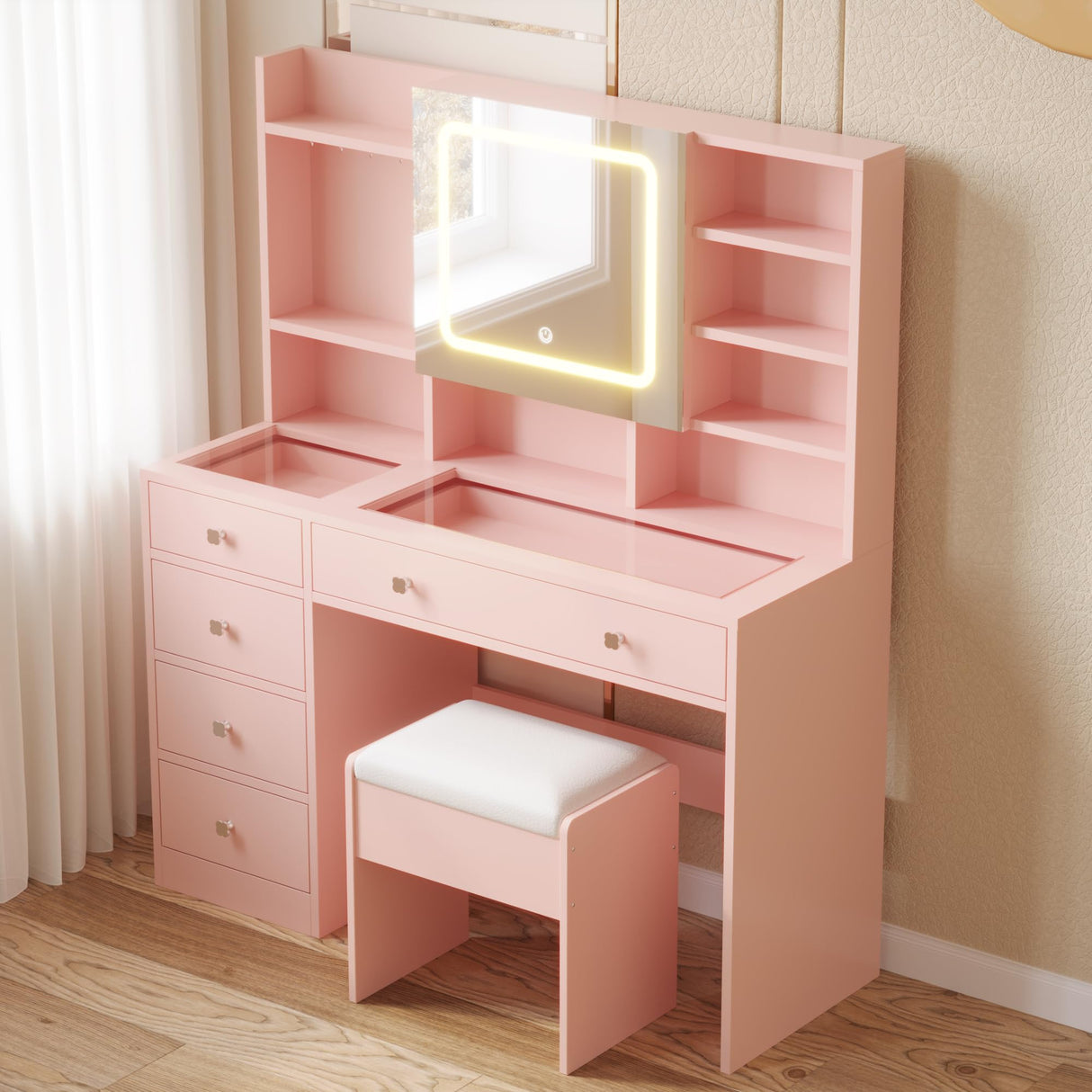 Karl home Makeup Vanity with Lighted Mirror Bedroom Vanity Desk with Charging Station Large Vanity Set with Transparent Desk, Drawers, Cabinet, Shelves for Storage in Bedroom, Light Pink Karl home