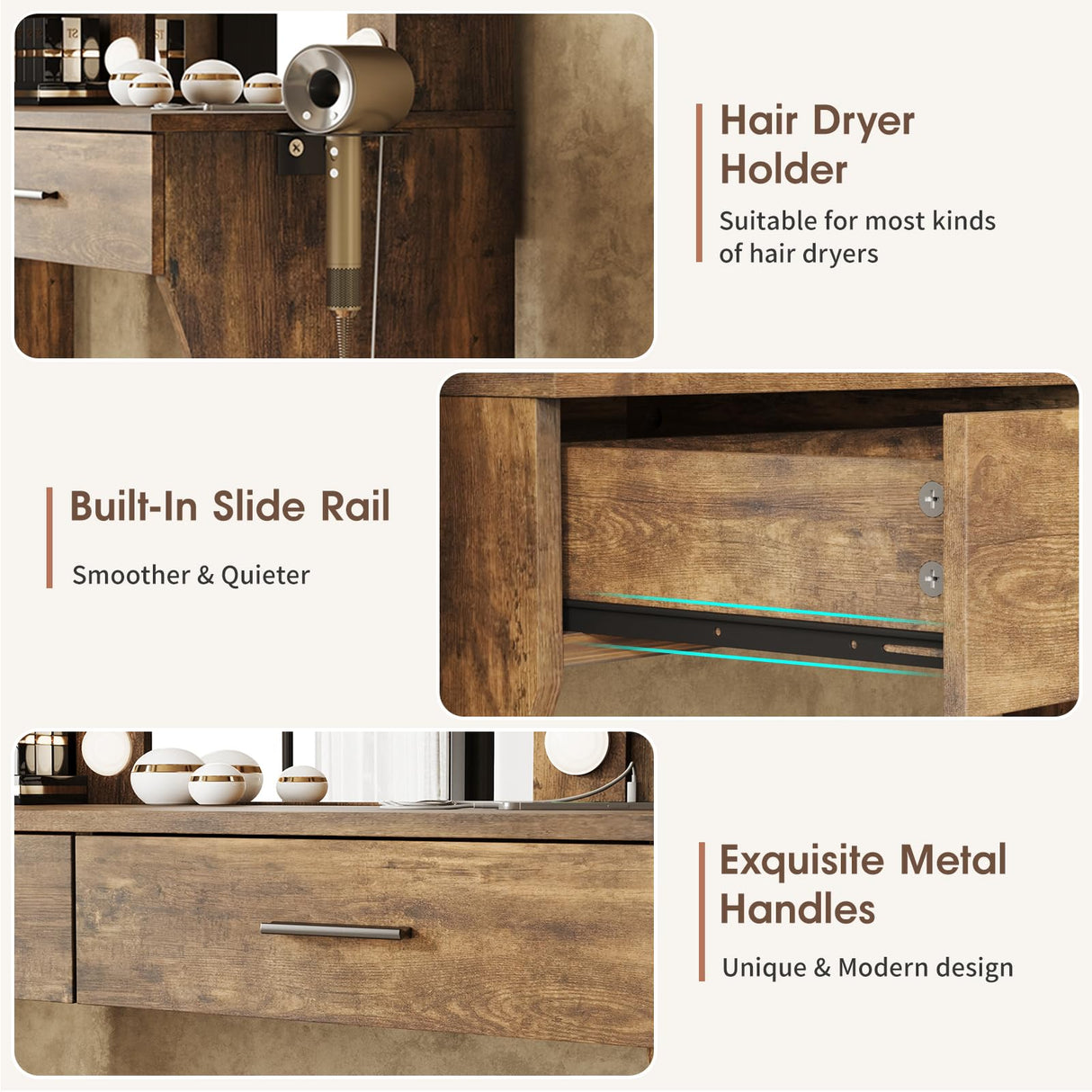 Maupvit Vanity Desk with Mirror and Lights,Makeup Vanity Table Set with Power Outlet,3 Lighting Modes & Adjustable Brightness Dressing Table with 2 Drawers for Bedroom Dressing Room,Rustic Brown Maupvit