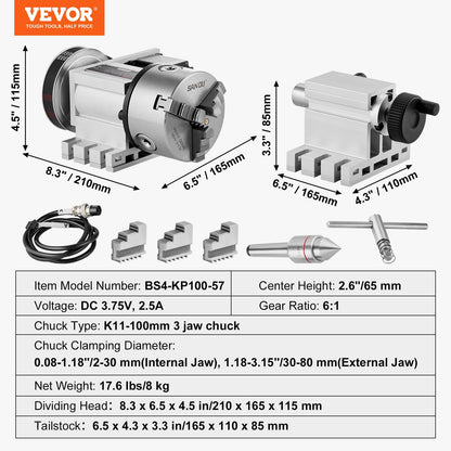 VEVOR Dividing Head, K11-100mm 3-Jaw Chuck, CNC Router Milling Machine Rotational Axis 4th Axis A Axis Indexing Head, 2.6"/65 mm Center Height MT2 Tailstock 6:1 Gear Ratio, Universal for Engr - WoodArtSupply