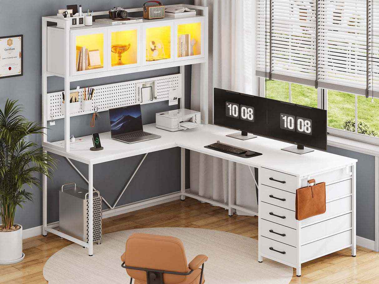 SEDETA L Shaped Gaming Desk with Drawers, L Shaped Computer Desk with Hutch and Storage Shelves, Gaming Desk with Pegboard, Led Lights, and Power Outlet, Home Office Desk, Corner Desk, White SEDETA