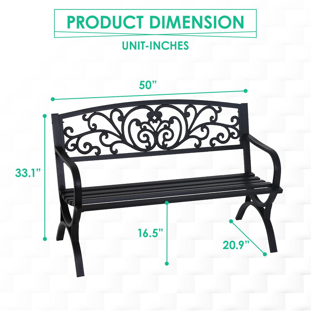 FDW Outdoor 50 Inches Garden Bench, Slatted Seat Armrests Floral Design Backres and Arch Legs, Perfect for Park, Yard, Porch, Lawn, Balcony, Backyard, Black FDW